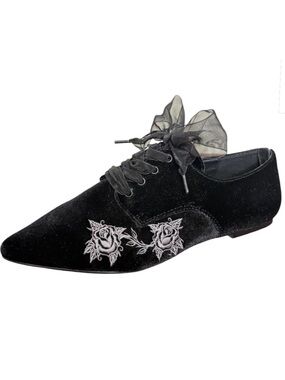 Lively Ghosts x Strange Cvlt NIGHTFALL FLATS Black Velvet Rose Lace-Up Oxfords
